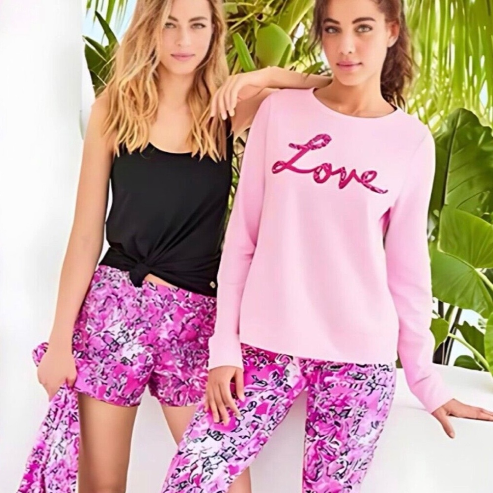 Lilly Pulitzer Cotton Rami Sweatshirt Pink Blossom 💕Love Graphic Embroidered M - Picture 2 of 14